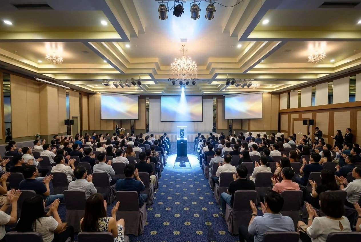 Stage and audience setting from the hotel’s supplied product-launch photograph library