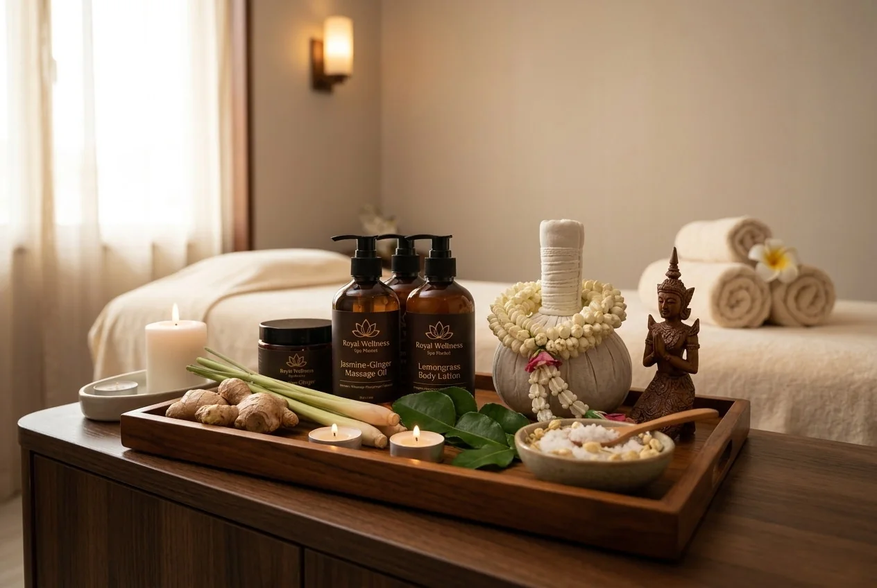 Tea, towels and spa products in Royal Phuket City Hotel’s supplied spa photograph