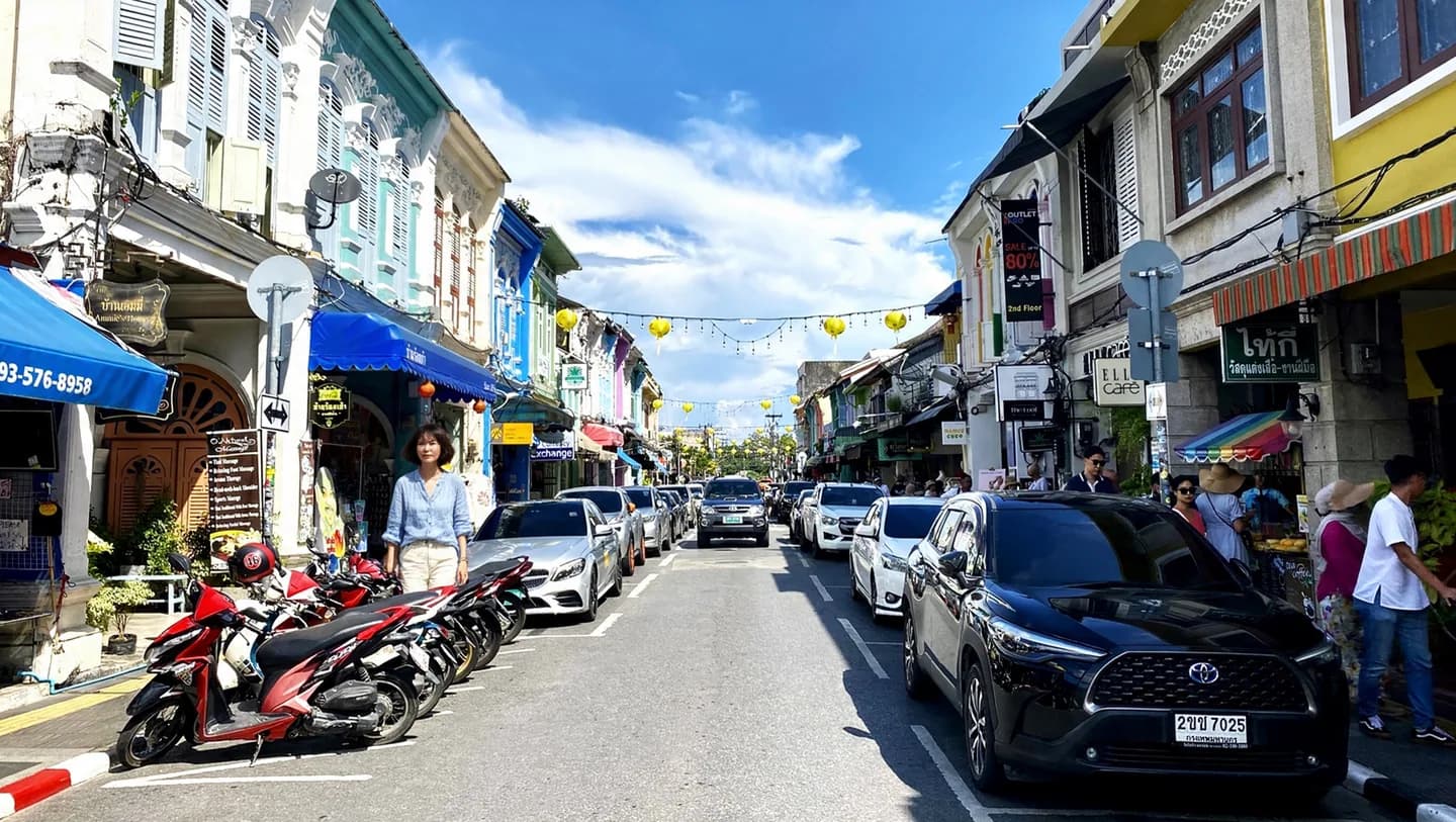 Thalang Road shophouses and street scene in Phuket Old Town