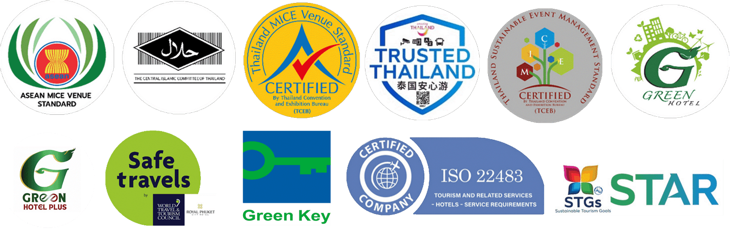 Certifications - ASEAN MICE Venue, TCEB, Halal, Green Hotel, Safe Travels, SHA Plus