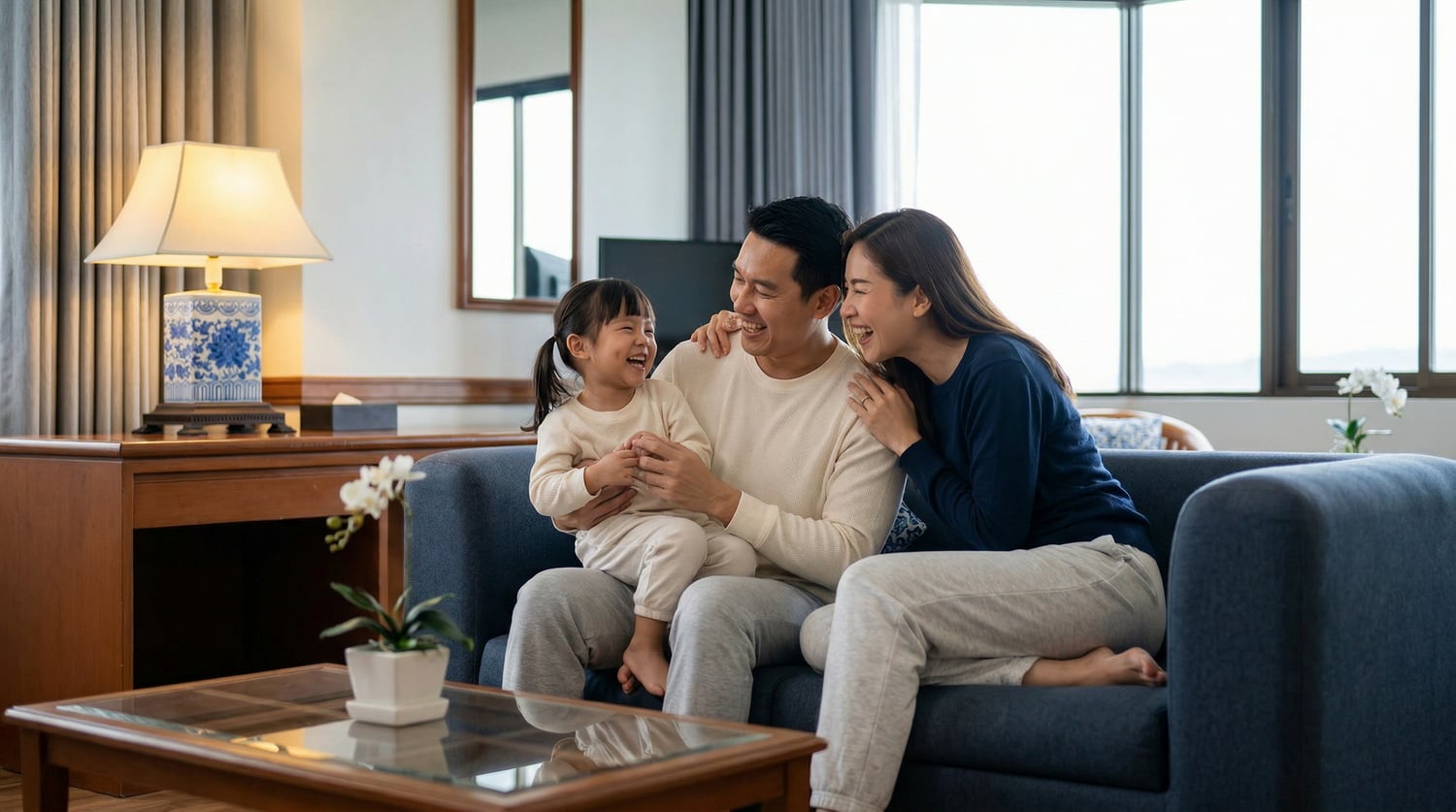 Family relaxing together on a sofa at Royal Phuket City Hotel