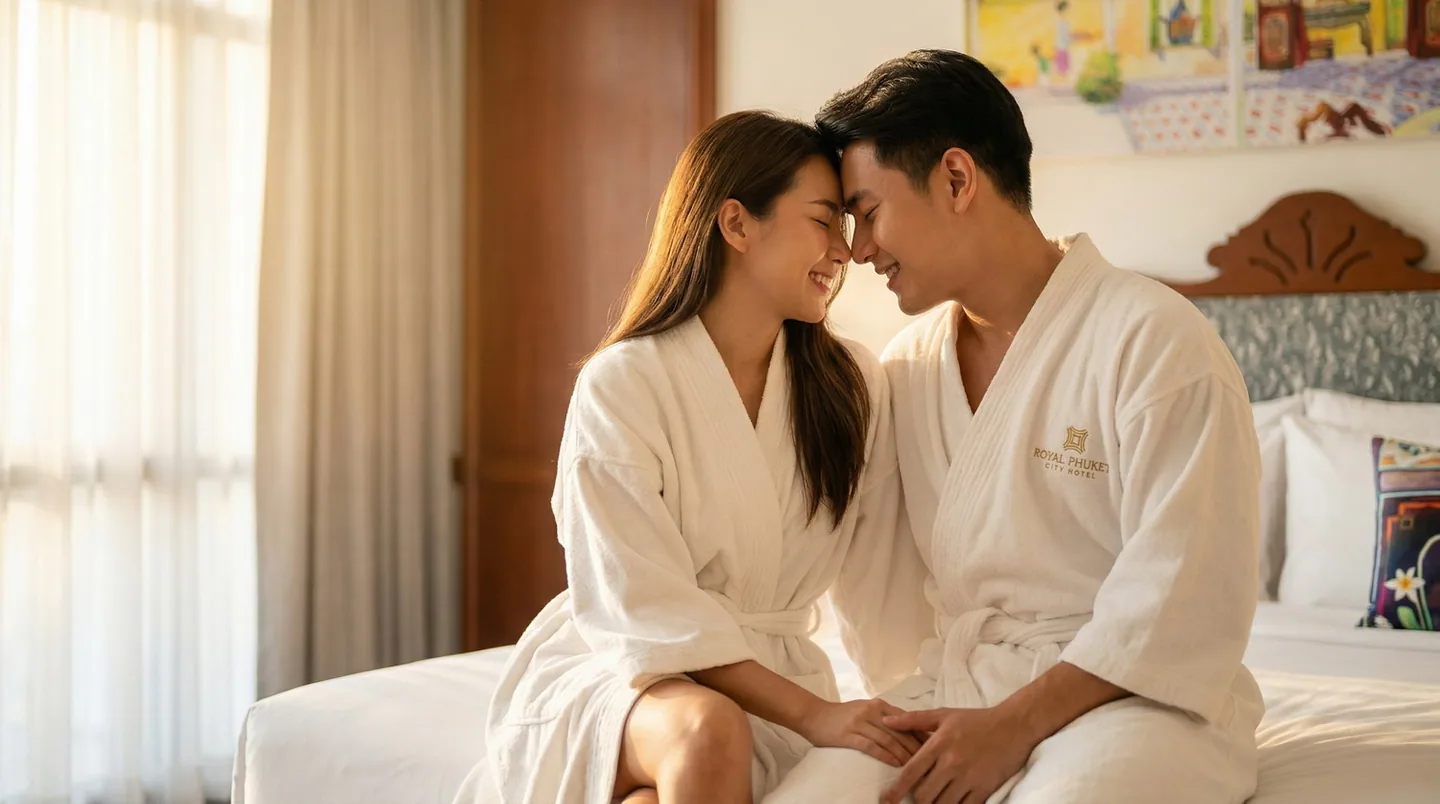A couple sitting together on a hotel bed beside a window