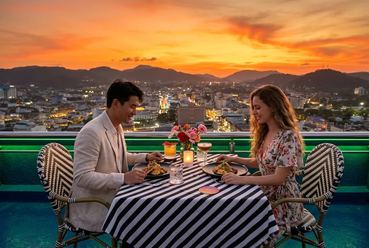 A rooftop dinner setting with the Phuket city skyline at sunset