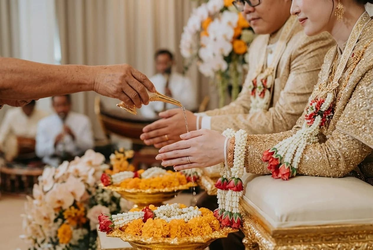 Water poured over a couple’s hands during a Thai wedding in the supplied hotel photo library