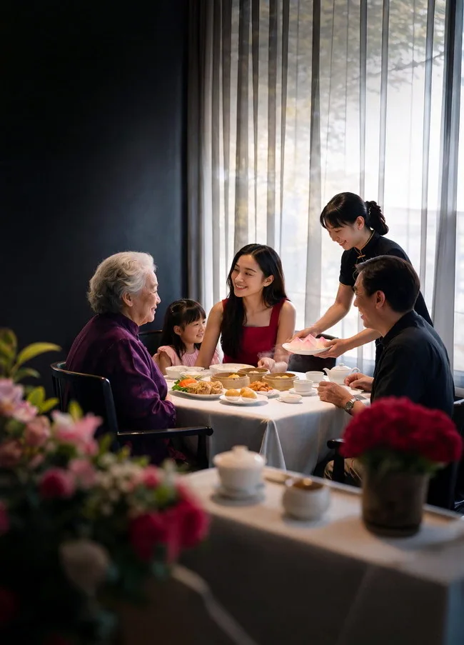 Guests speaking with a member of the restaurant team beside a dining table