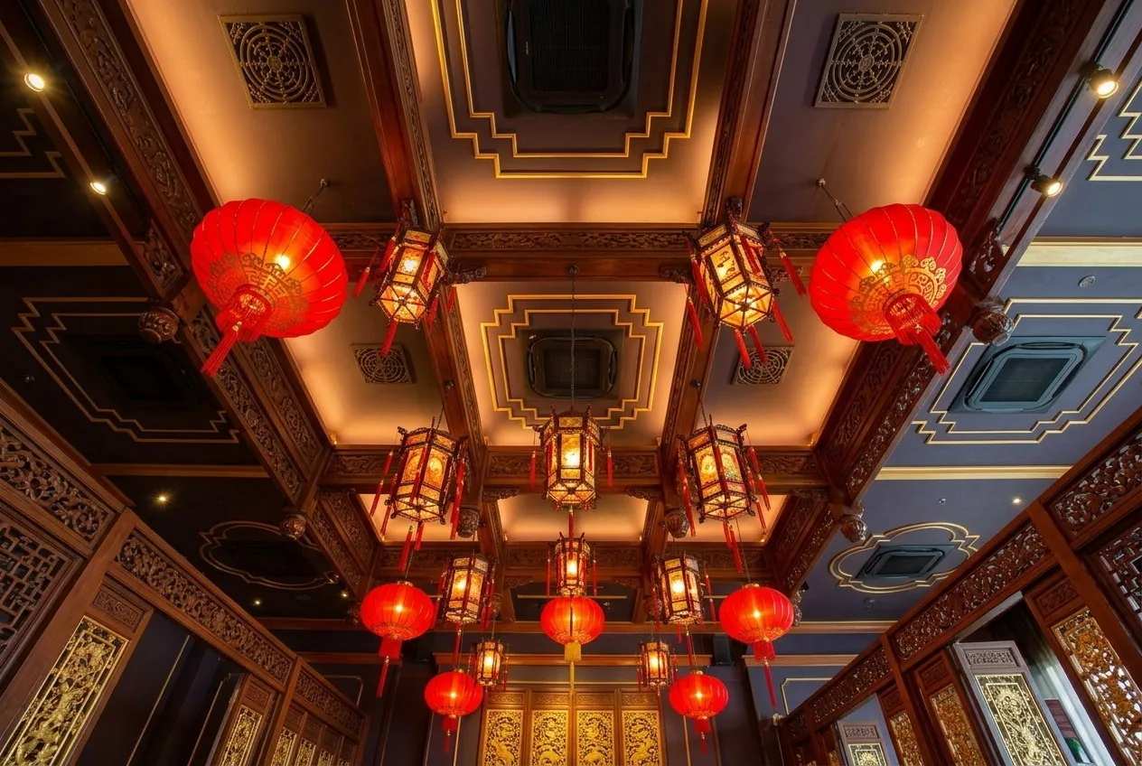 Decorative lanterns and ceiling details viewed from below in a restaurant