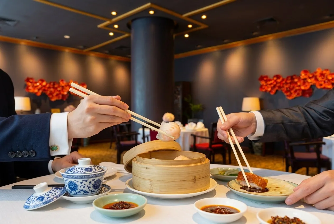 Hands using chopsticks to take food from shared dishes at a restaurant table