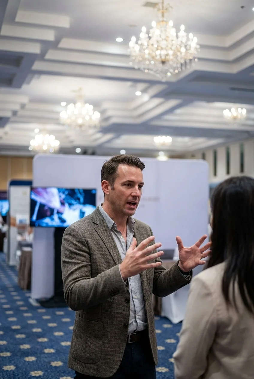 A person explaining a point to another attendee in an event setting