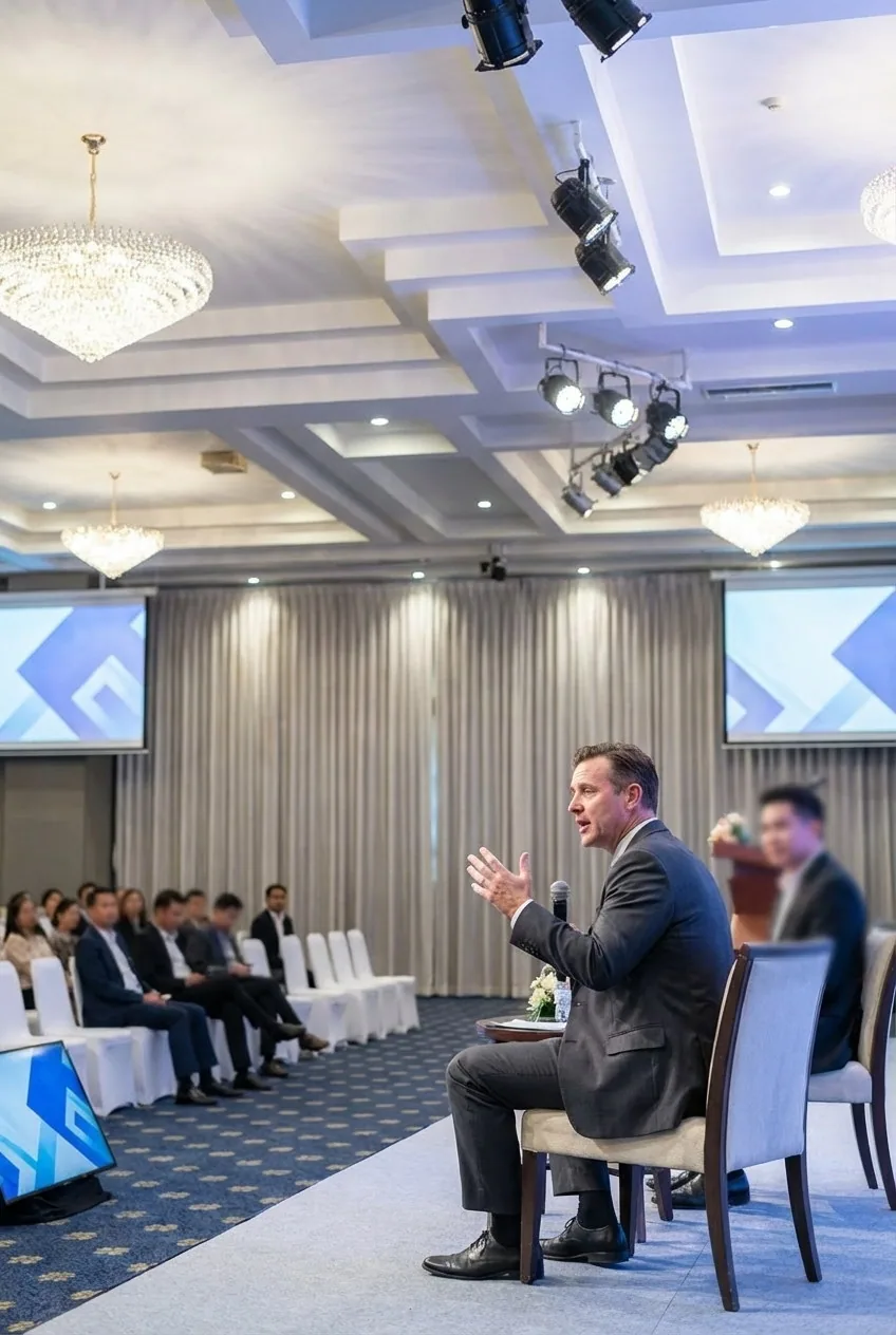 A seated speaker gesturing while speaking to an audience