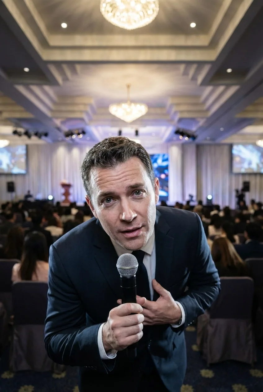 A host holding a microphone and addressing an audience in an event room