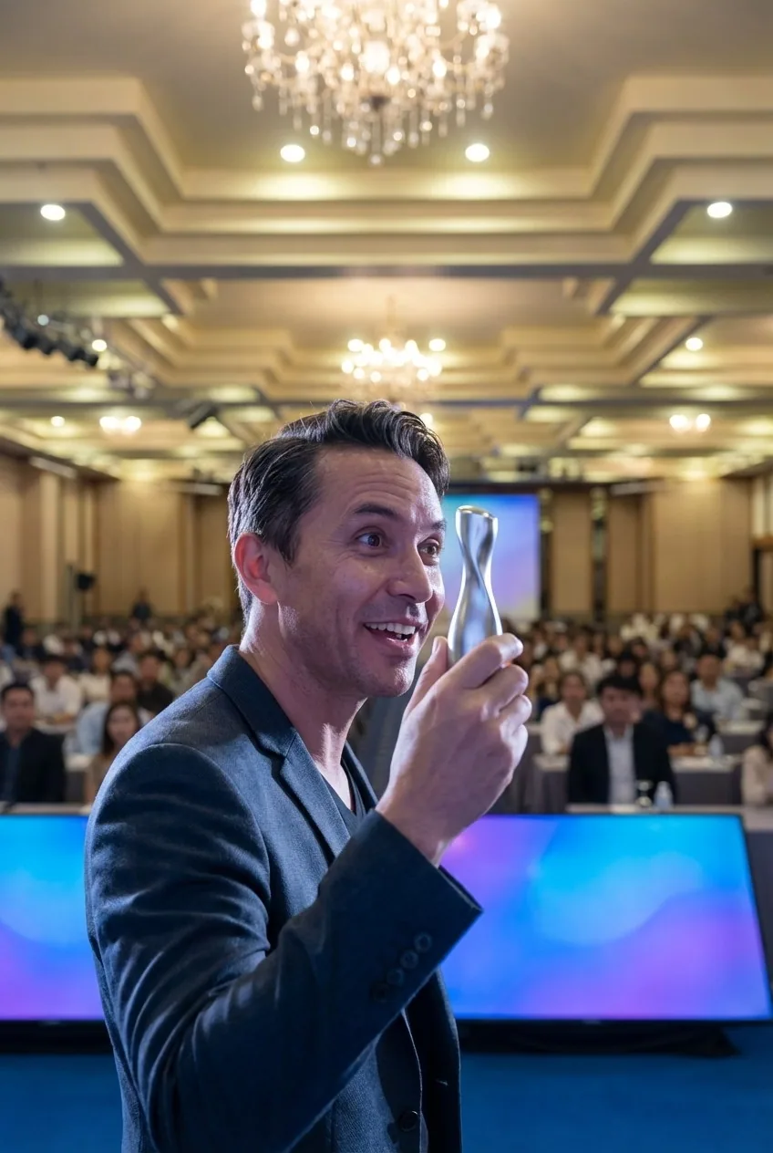 A presenter gesturing beside a screen in an event setting