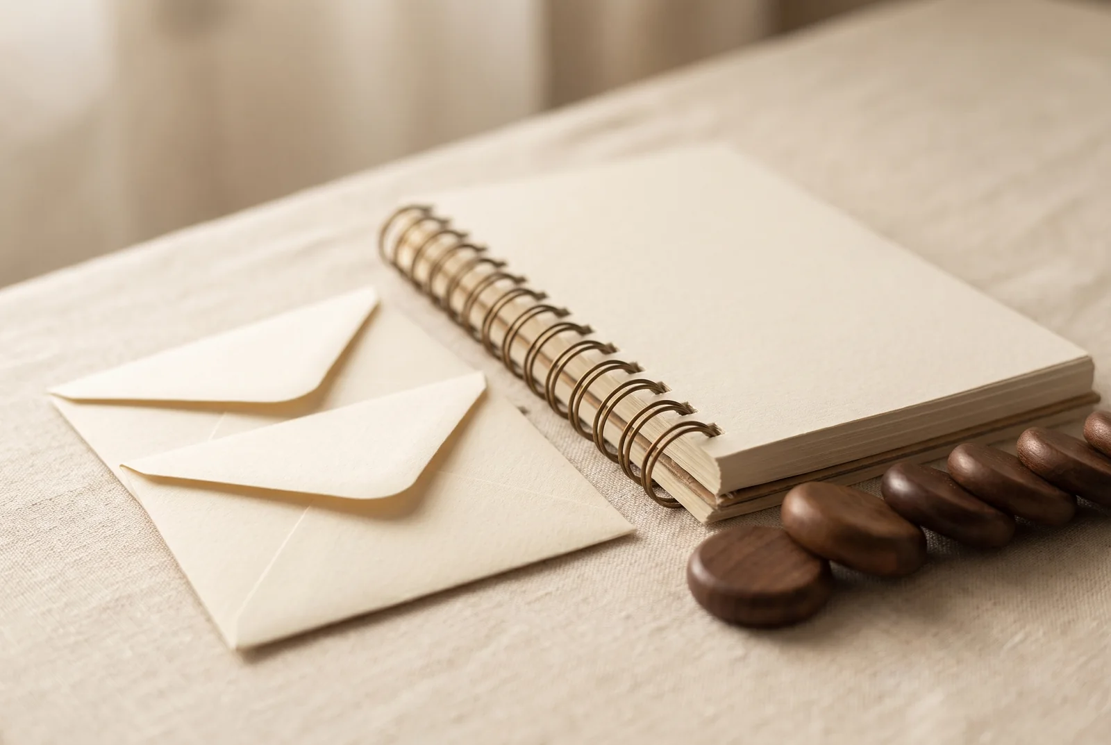 Blank notebook, envelopes and wooden counting tokens — AI-generated editorial illustration