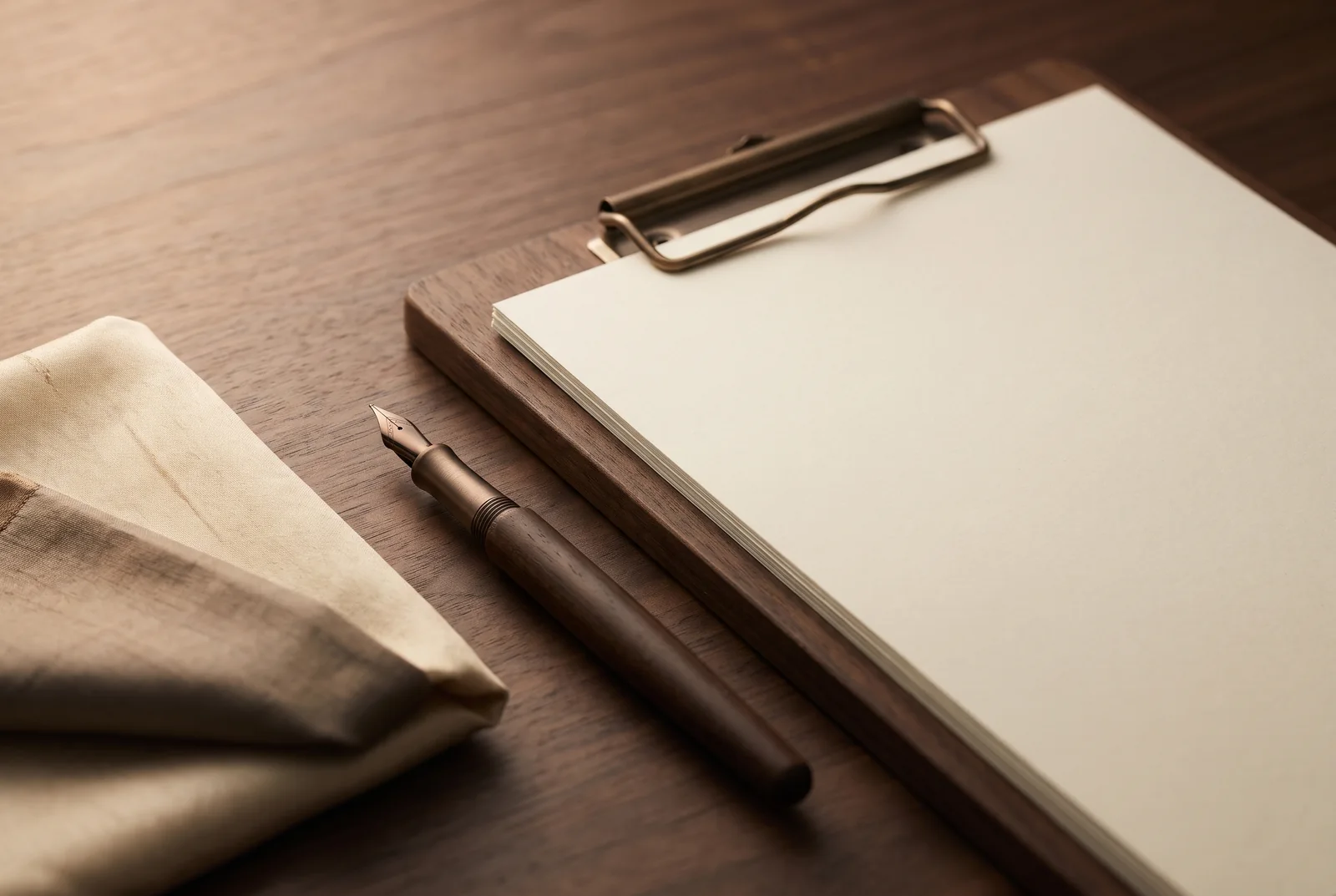 Wooden clipboard with blank paper and a pen — AI-generated editorial illustration