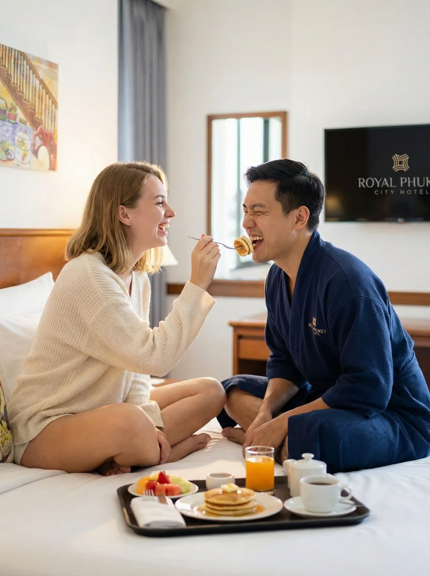 Couple sharing breakfast while seated on a hotel bed