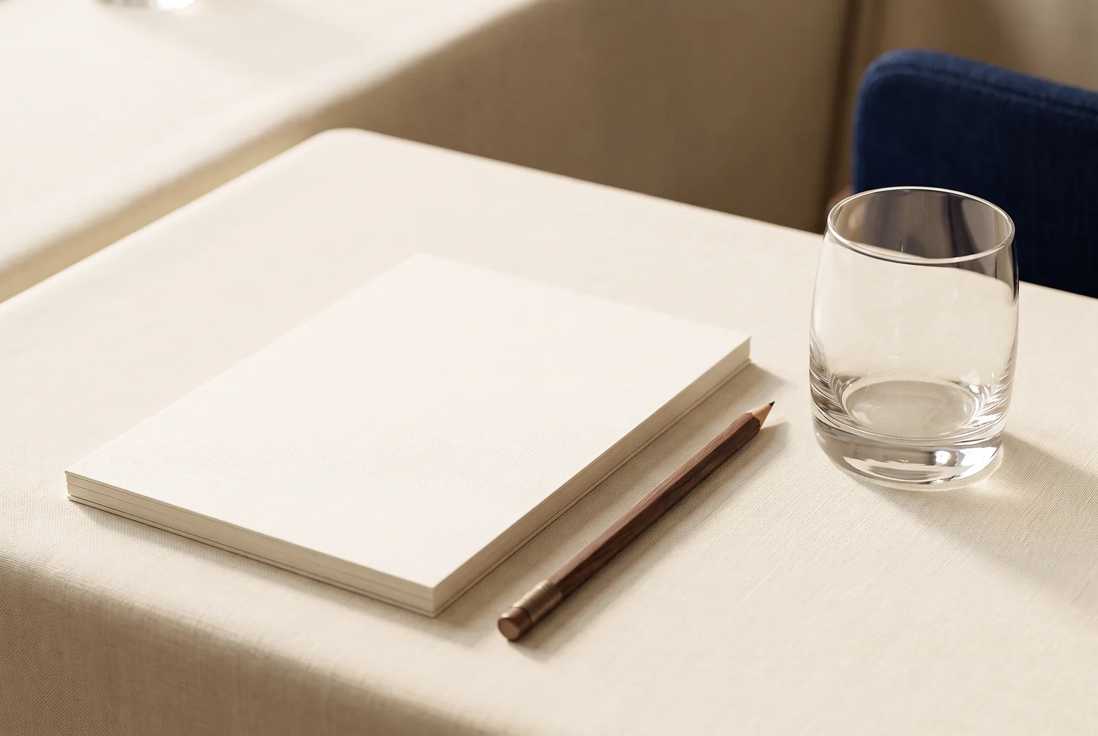 Blank notepad, pencil and water glass at a meeting place setting — AI-generated editorial illustration