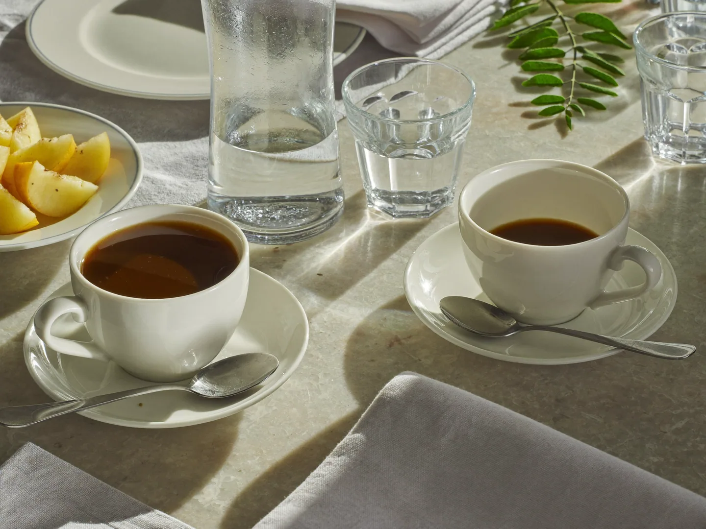 A coffee-break planning concept with plain cups, water and sliced fruit