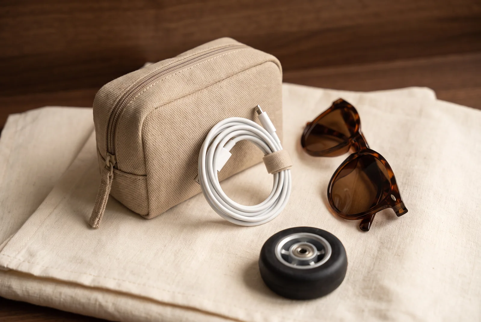 Travel pouch, charging cable and sunglasses on linen — AI-generated editorial illustration