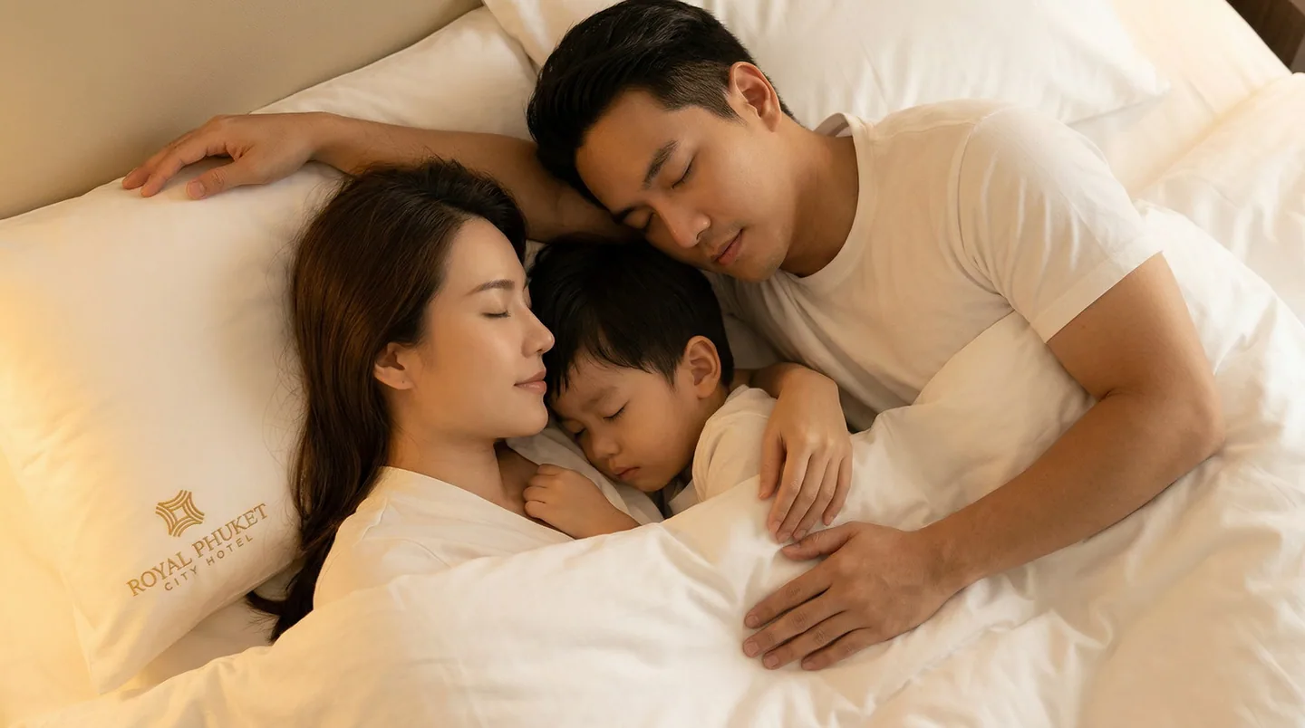 Family resting together on a hotel bed