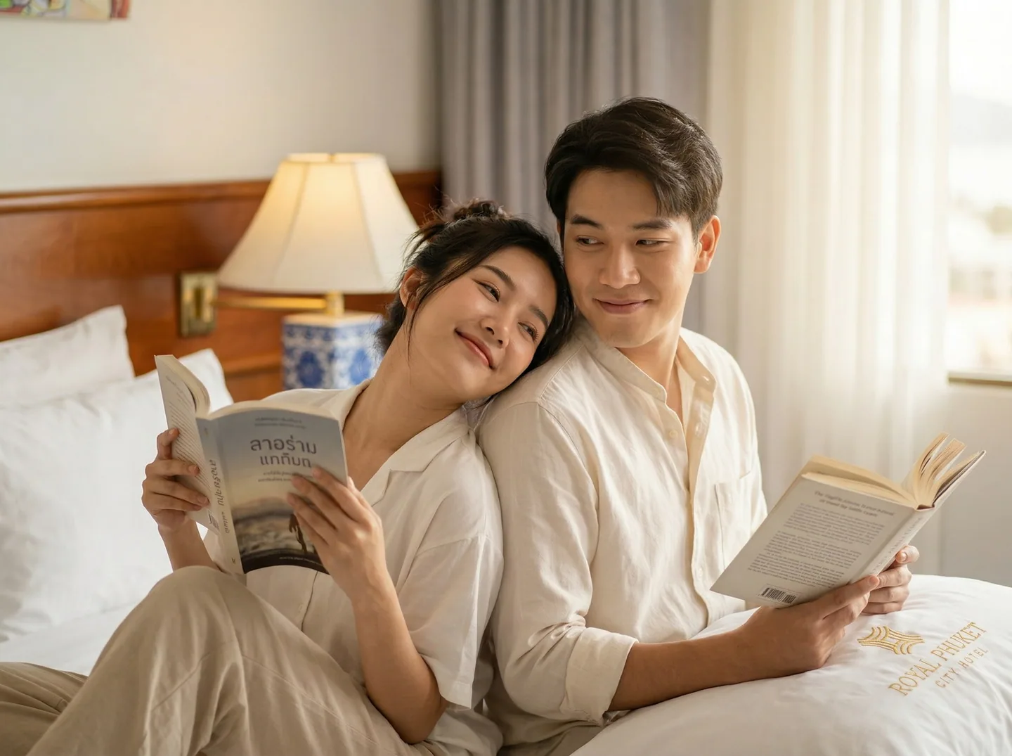 Couple reading together on a hotel bed