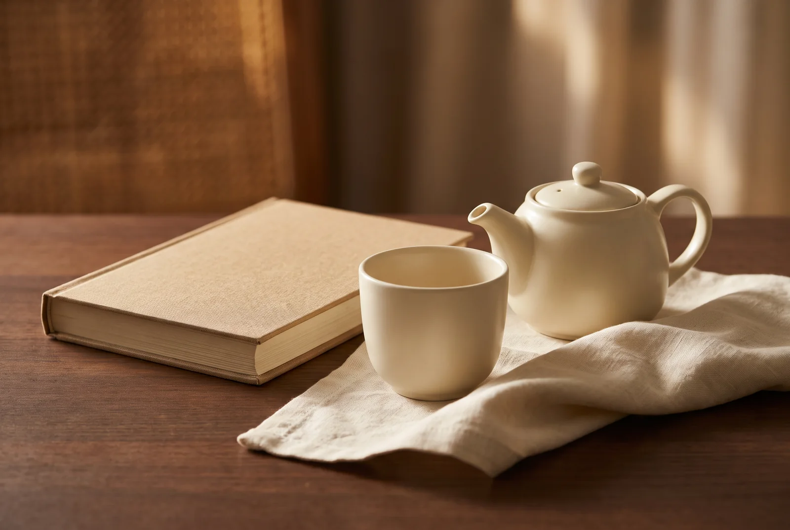 Plain porcelain tea set beside a closed book — AI-generated editorial illustration