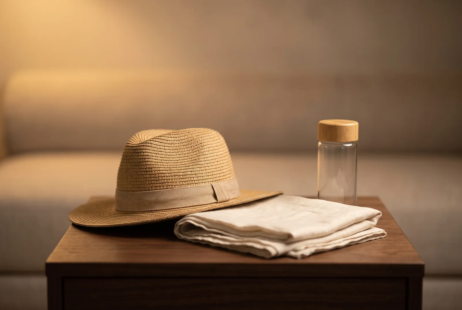 Straw hat, folded linen and a reusable water bottle on a wooden table — AI-generated editorial illustration