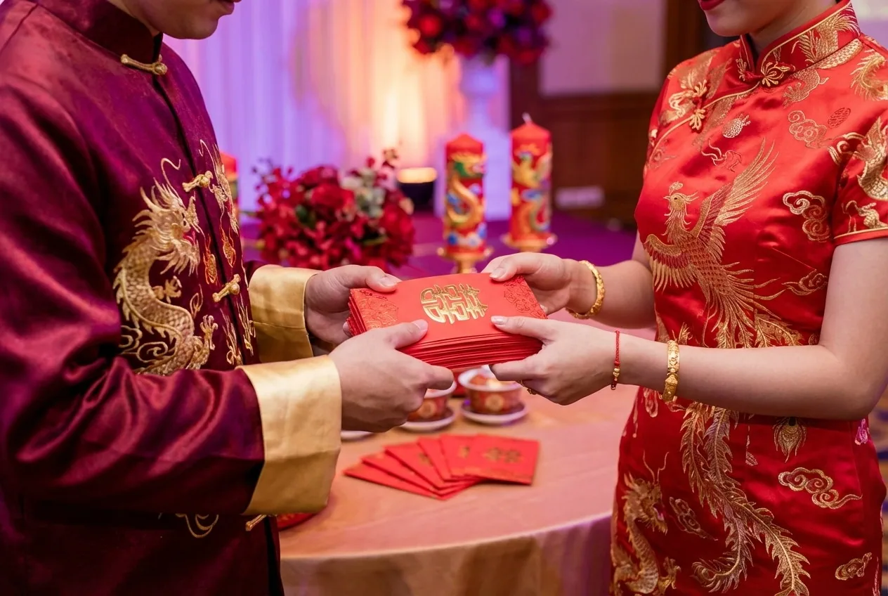 A close view of red ceremonial clothing and envelopes at a wedding
