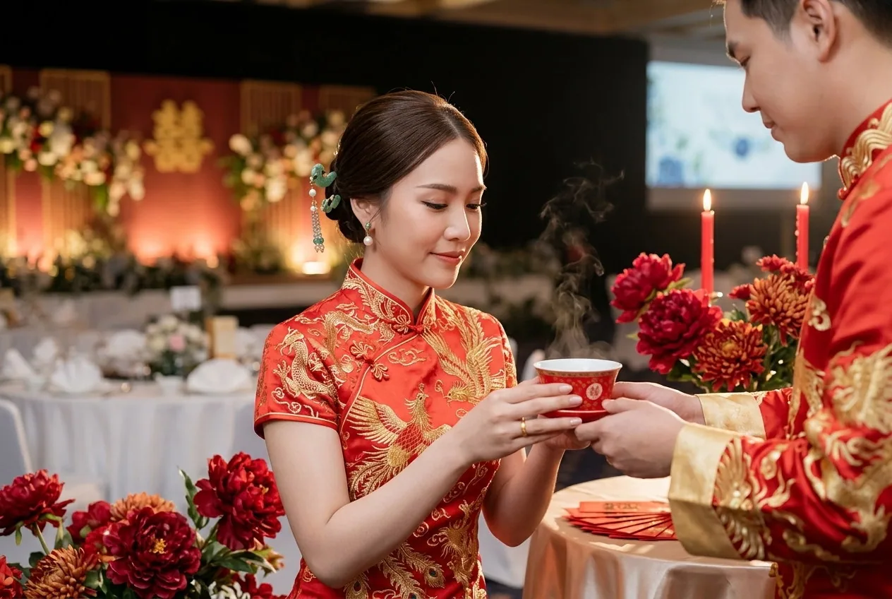Couple holding a tea cup in a decorated ceremony setting