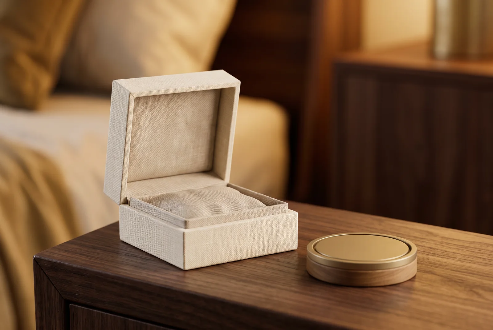 Empty presentation box and small display base on a wooden surface — AI-generated editorial illustration