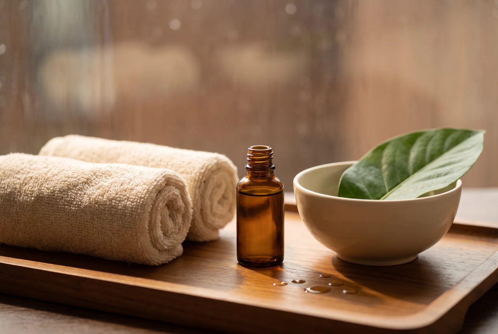 Rolled towels, an amber bottle and a ceramic bowl on a tray — AI-generated editorial illustration