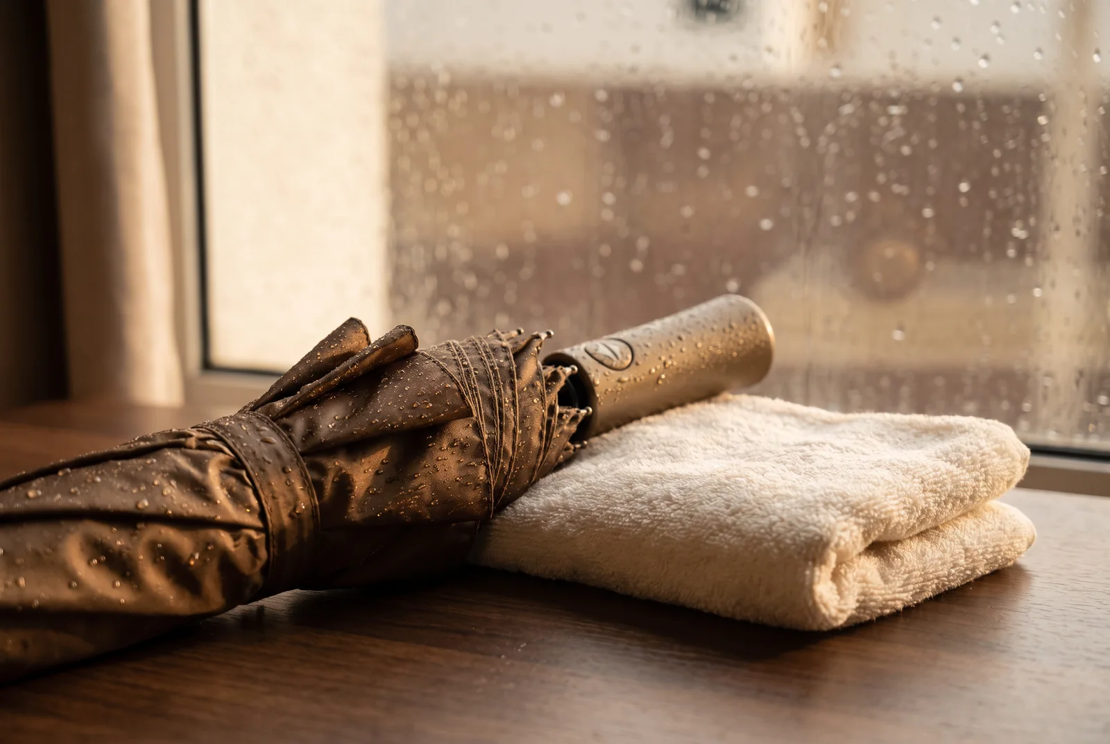 Folded umbrella and towel beside a rain-speckled window — AI-generated editorial illustration