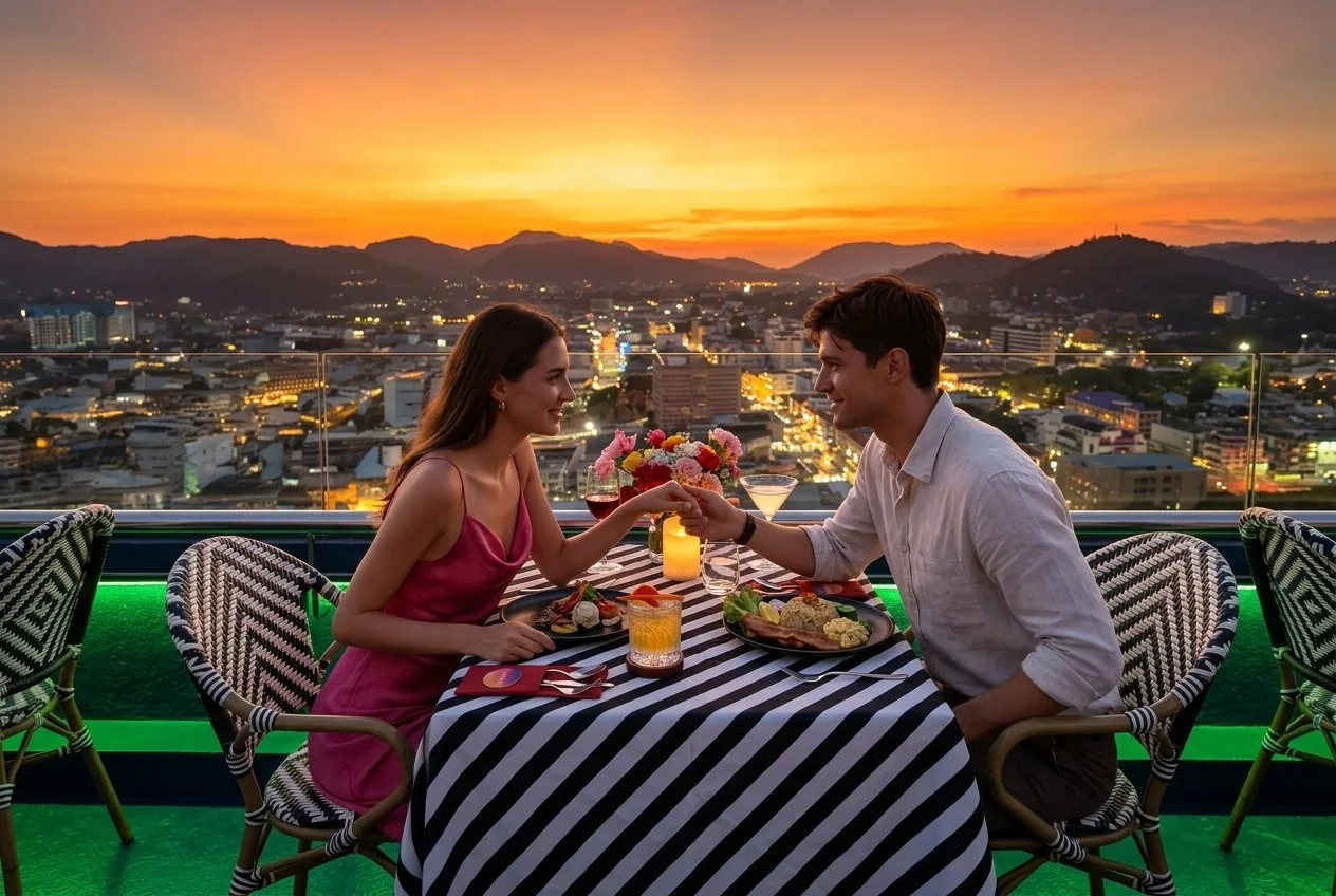 A rooftop dining table with two people and the Phuket city skyline