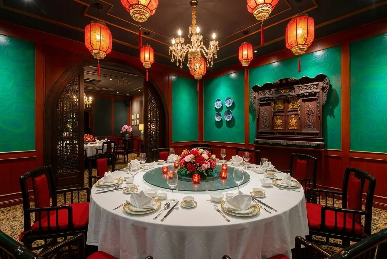 A round table set with plates and glassware in a separate restaurant room