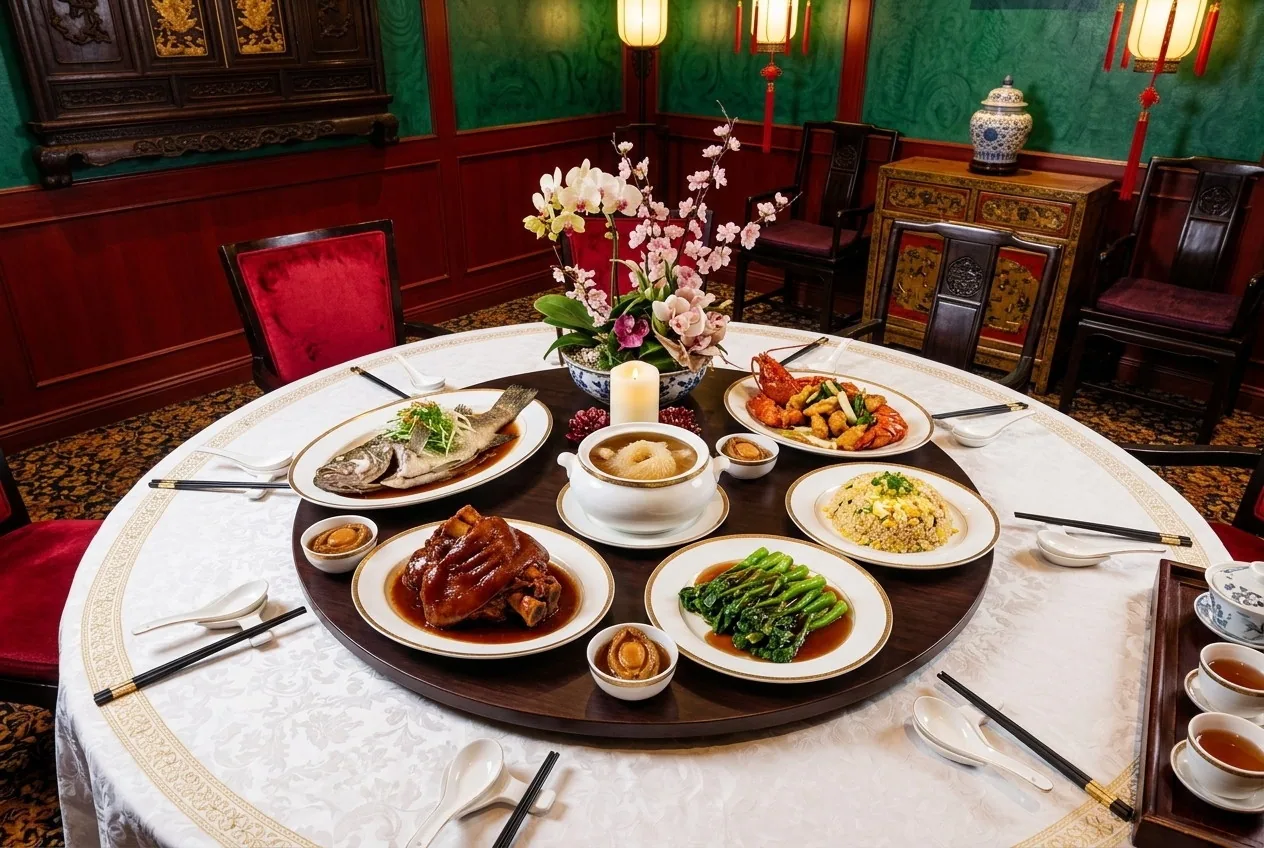 Several dishes arranged around the centre of a round restaurant table