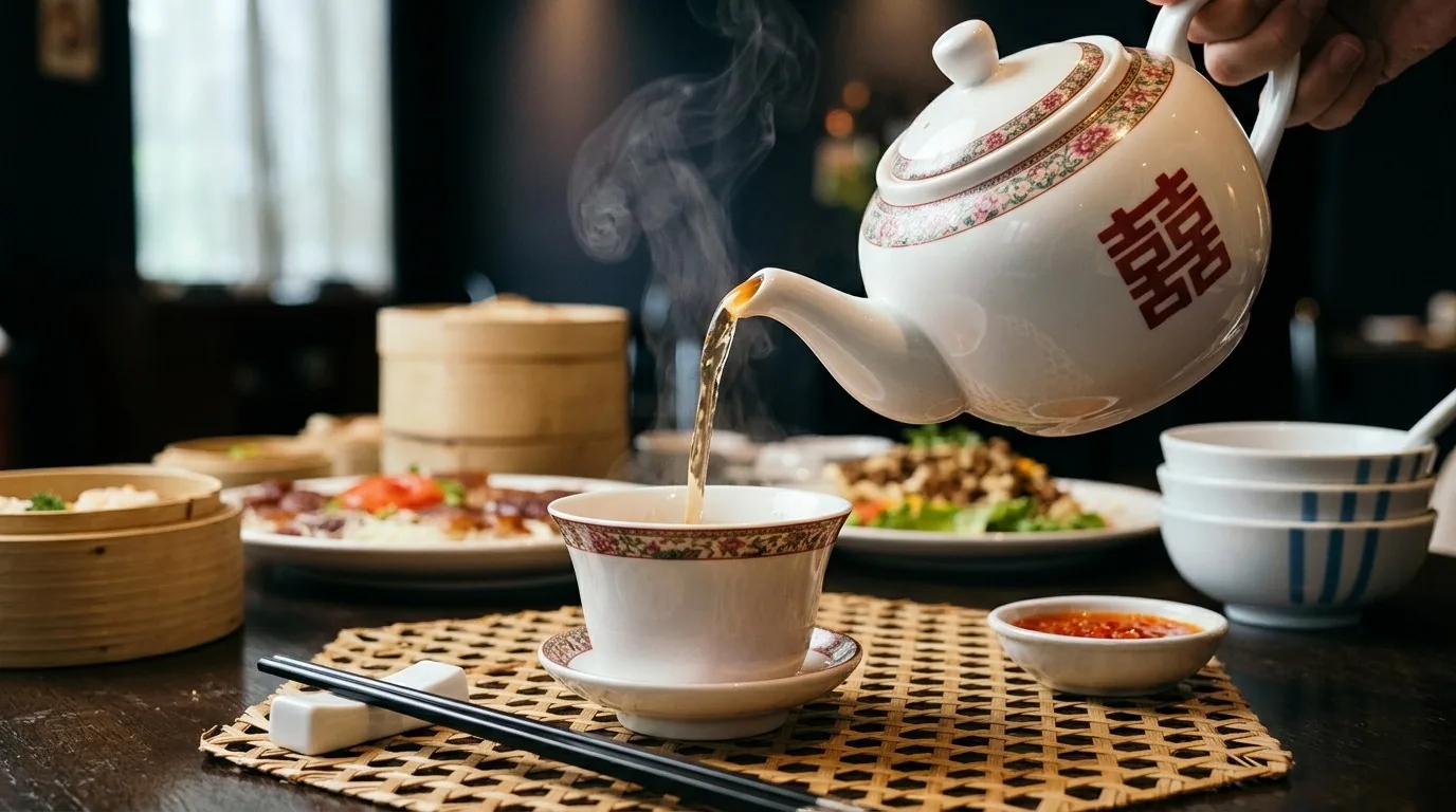 Tea being poured into a cup beside bamboo steamers and tableware