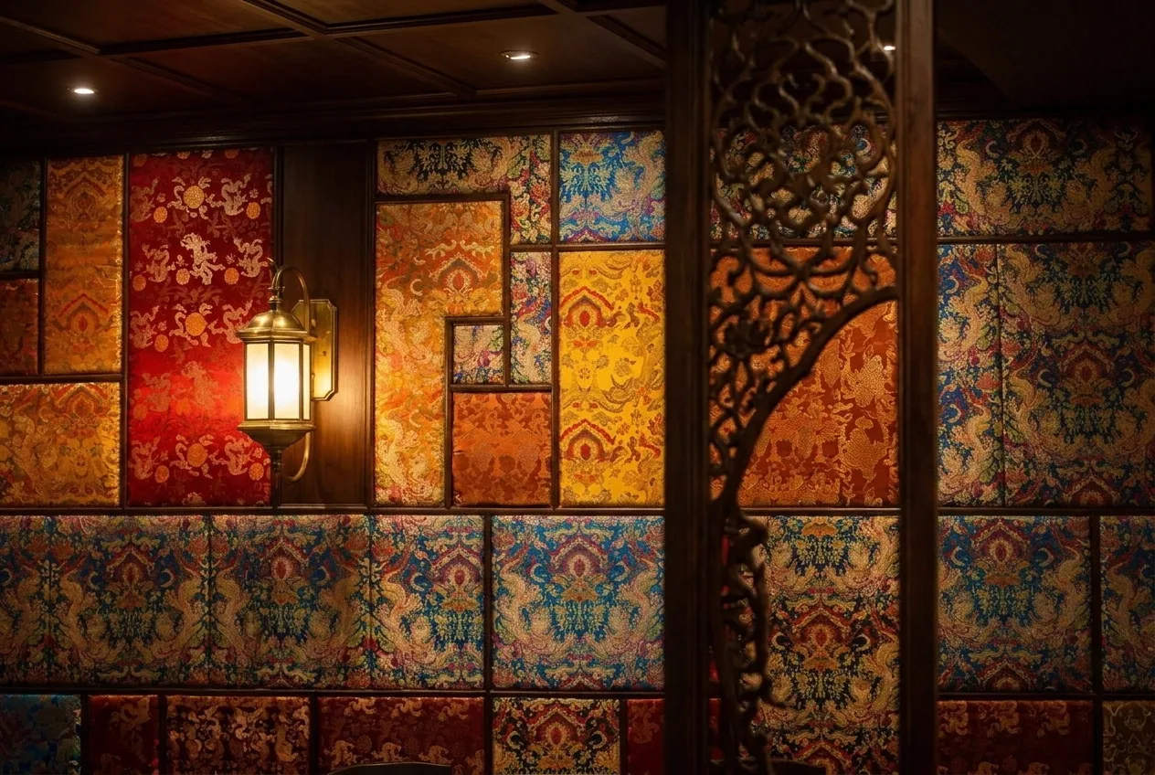 Colourful decorative wall panels and a carved screen in the restaurant
