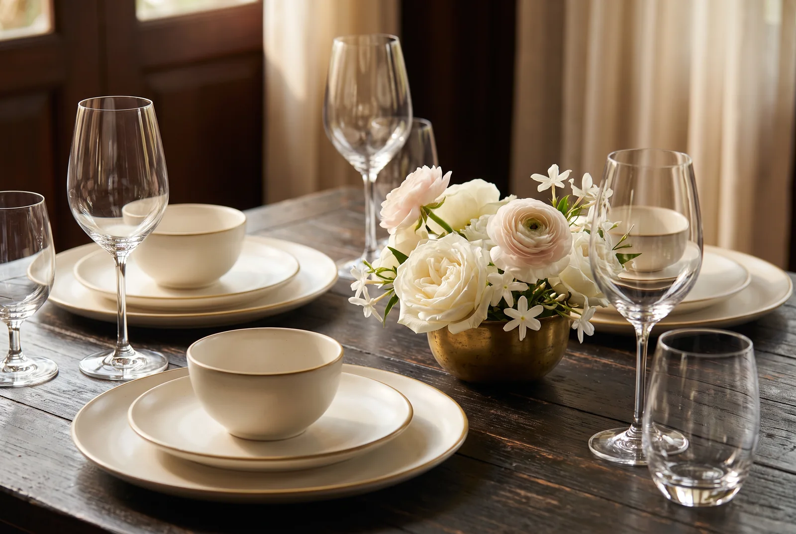 Two place settings with a low white and blush flower arrangement — AI-generated editorial illustration