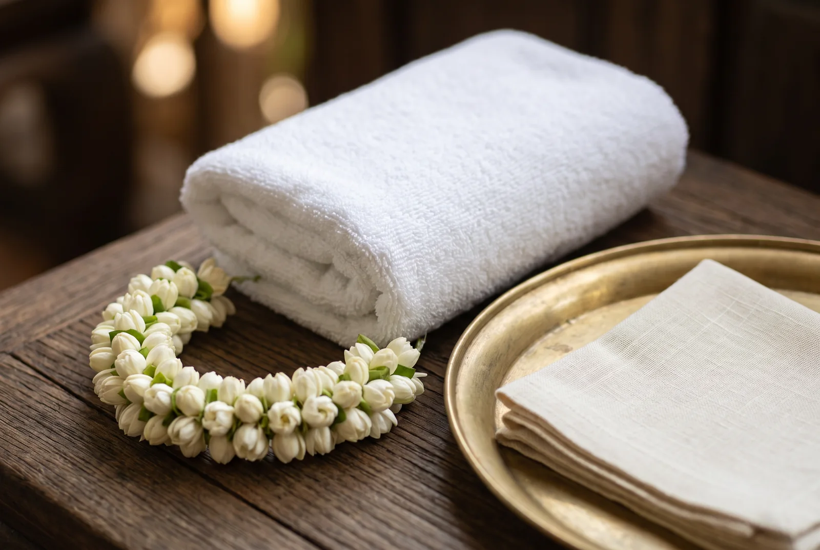 White jasmine garland, towel and gold-tone tray — AI-generated editorial illustration